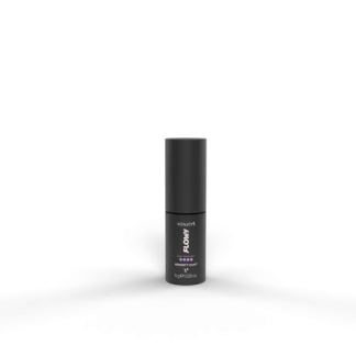 Black cylindrical bottle standing upright on a dark stage with a white label reading FLOW and small text below it, against a black background when viewed at a product shot angle.