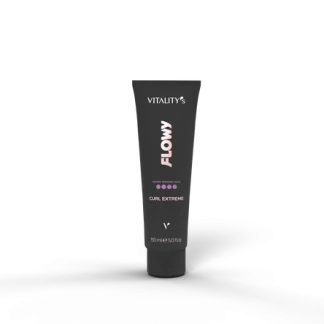 Black squeeze tube labeled "Vitality's Flowy Curl Extreme" standing upright on a dark textured surface with a soft shadow, a hair styling product