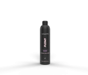 Black bottle labeled Vitality's Flowy Extreme Hold Spray standing on a smoky surface with a dark backdrop (300 ml).
