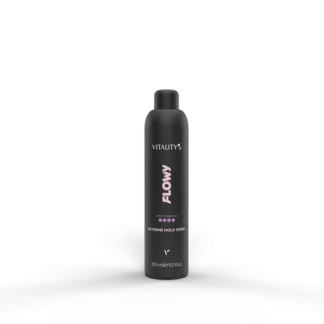 Black bottle labeled Vitality's Flowy Extreme Hold Spray standing on a smoky surface with a dark backdrop (300 ml).