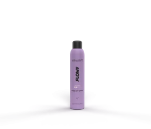 Purple Vitality's FLOWY spray bottle standing upright on a purple surface with a dark background behind it.