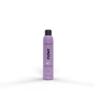 Purple Vitality's FLOWY spray bottle standing upright on a purple surface with a dark background behind it.