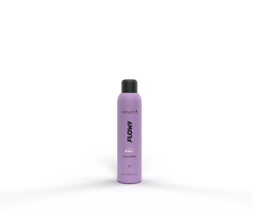 Purple handheld spray bottle labeled FLOW by Vitality’s stands upright on a purple surface with a pale purple backdrop (product photo).