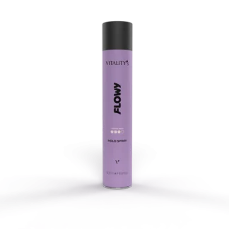 Purple cylindrical Flowy spray bottle by Vitality’s with black cap, standing on a purple misty surface against a gray backdrop.