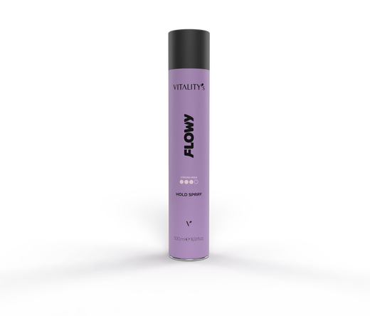 Purple cylindrical Flowy spray bottle by Vitality’s with black cap, standing on a purple misty surface against a gray backdrop.
