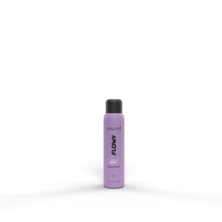 Lavender spray bottle labeled FLOW standing on a purple-lit surface against a dark background.
