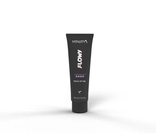 Vitality's Flow Hold Up Gel tube standing upright on a dark surface.