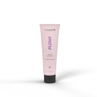 Tube of Vitality's Flowy Sleek Cream, pink container standing upright on a light surface with a soft shadow.