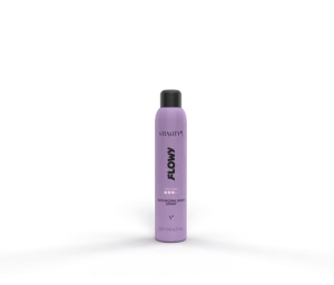 Lilac FLOWY spray bottle from Vitalitys standing upright on a purple surface with a dark cap and gray background panel behind it.