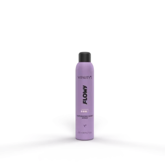 Lilac FLOWY spray bottle from Vitalitys standing upright on a purple surface with a dark cap and gray background panel behind it.