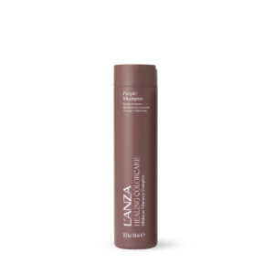 Brown cylindrical LANZA shampoo bottle standing upright on a white background.
