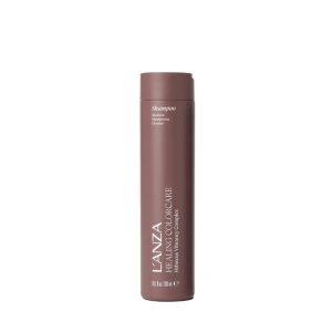 Brown cylindrical shampoo bottle with 'LANZA Health ColorCare Hibiscus Complex' label facing front.