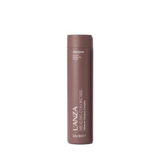 Brown cylindrical shampoo bottle with 'LANZA Health ColorCare Hibiscus Complex' label facing front.
