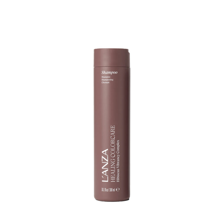 Brown cylindrical shampoo bottle with 'LANZA Health ColorCare Hibiscus Complex' label facing front.