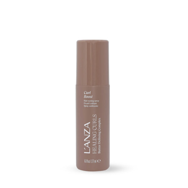 L'ANZA Healing Curls Curl Boost styling spray bottle in a brown container with white text