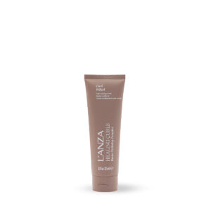 Taupe Lanza hair care product tube standing upright with white text on the label.