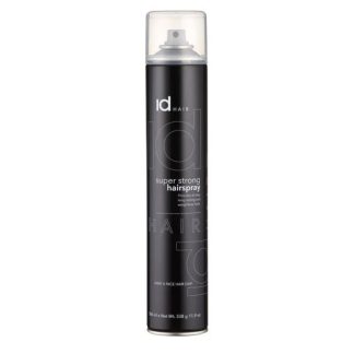 Aerosol hairspray can standing upright, black with white text reading 'id Hair' Super Strong Hairspray, clear cap on top