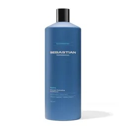 Blue tall Sebastian hair care bottle with black cap, shown from the side against a white background.