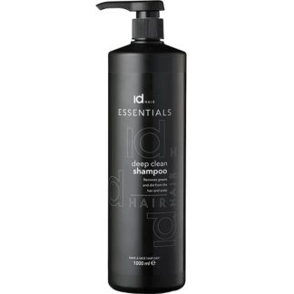 Black pump bottle of ID Hair Essentials Deep Clean Shampoo (1000 ml) with white text on label.