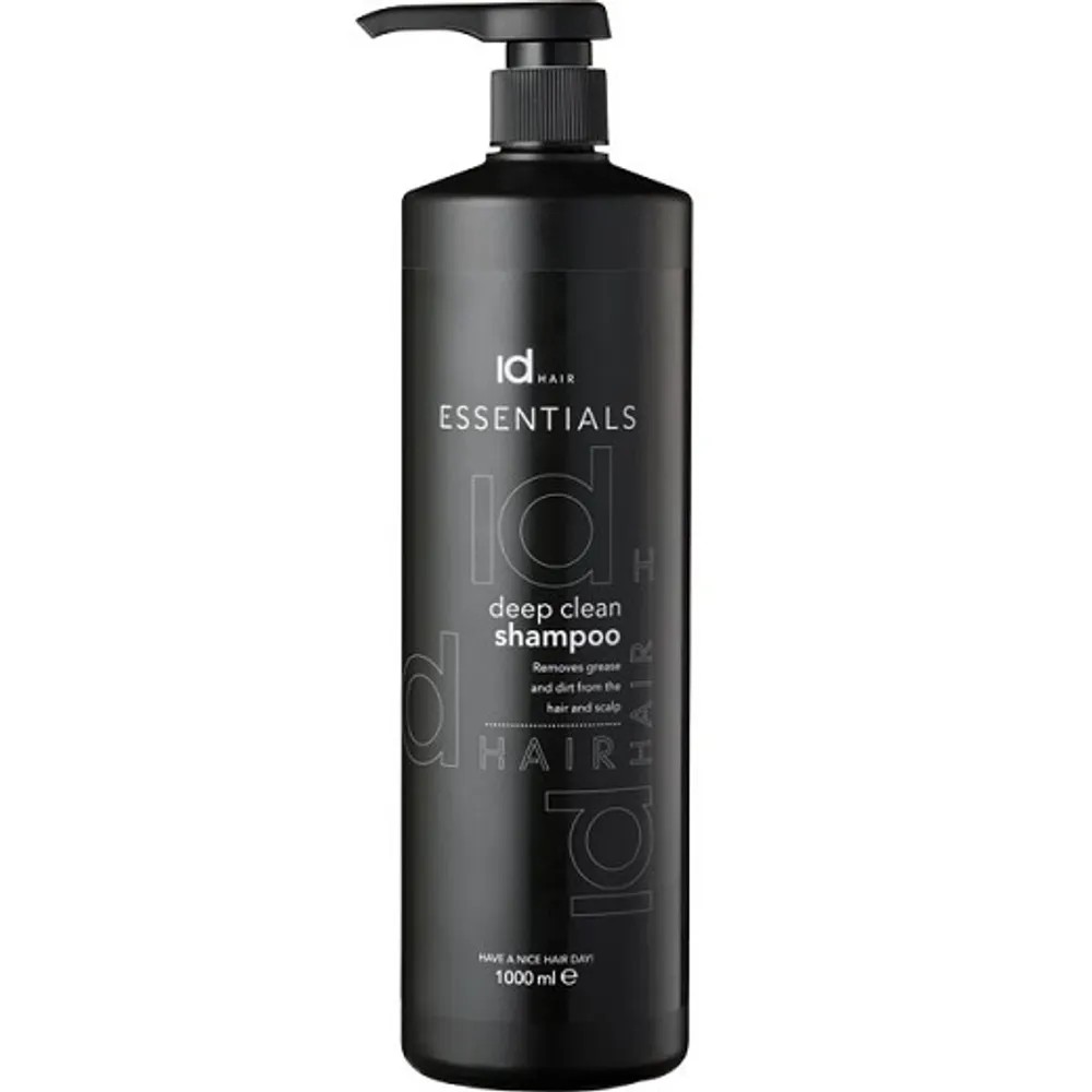 Black pump bottle of ID Hair Essentials Deep Clean Shampoo (1000 ml) with white text on label.