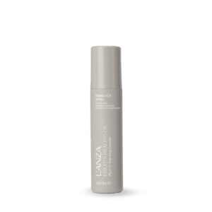 Beige cylindrical spray bottle labeled L’ANZA hair care product, standing upright on a white background.