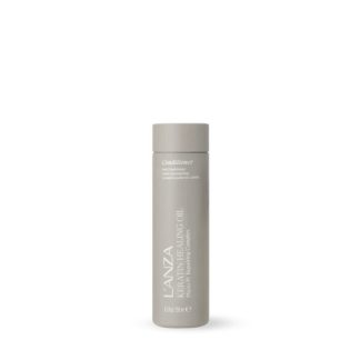Beige cylindrical bottle of conditioner with a minimalist label, standing on a white background.