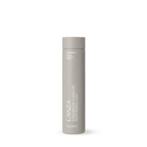 Tall beige cylindrical skincare bottle with white text, standing on a white background.