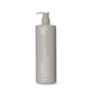 Beige/pale taupe pump bottle of Lanza Keratin Healing Oil hair product, with a white pump top.