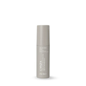 Beige cylindrical cosmetic bottle with a cap, standing upright.
