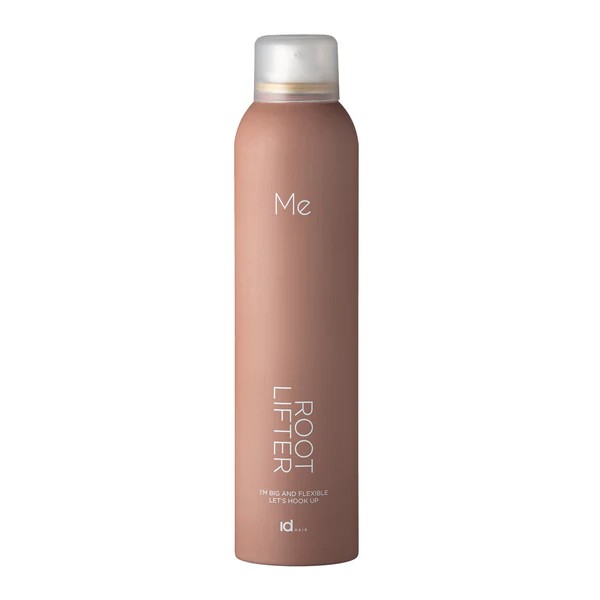 Tall pink-beige spray bottle with a white cap, labeled 'Me' and 'ROOT LIFTER' for hair styling.