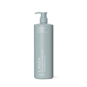 Light blue LANZA Healing Moisture Conditioner bottle with pump dispenser, shown in a side view.