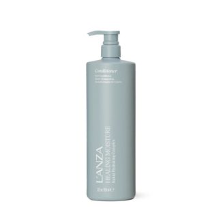Light blue LANZA Healing Moisture Conditioner bottle with pump dispenser, shown in a side view.