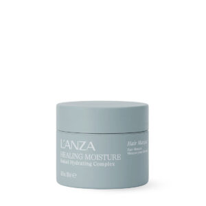 Light blue jar of LANZA Breaking Moisture hair treatment on a white background, product container visible.