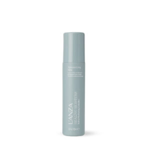 Light blue cylindrical spray bottle with cap, a Lanza hair care product, standing on a white background.