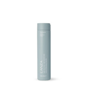 Light blue cylindrical bottle with cap, Lanza hair product, standing upright on a white background.