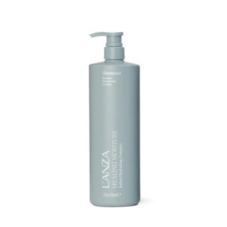 Light blue pump bottle of Lanza Healing Moisture Shampoo with label text visible: 'Shampoo' and 'Healing Moisture'