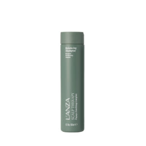 Tall green cylindrical bottle with a screw cap, labeled Lanza hair care product in white text