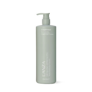 Light green LANZA hair care bottle with a pump, standing upright.