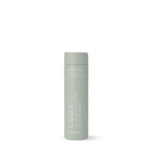Light green cylindrical cosmetic bottle with a gray cap standing upright.