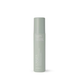 Mint-green LANZA Healing Strength detangling primer bottle with a gray cap, standing upright.
