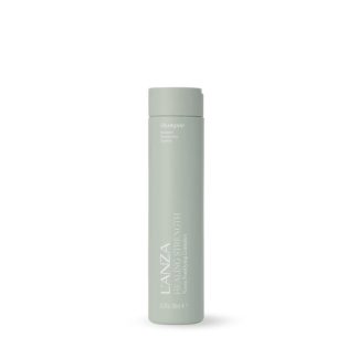 Tall mint-green shampoo bottle standing upright on a white background, labeled 'Shampoo' with LANZA branding and 'Hair Strength' text.