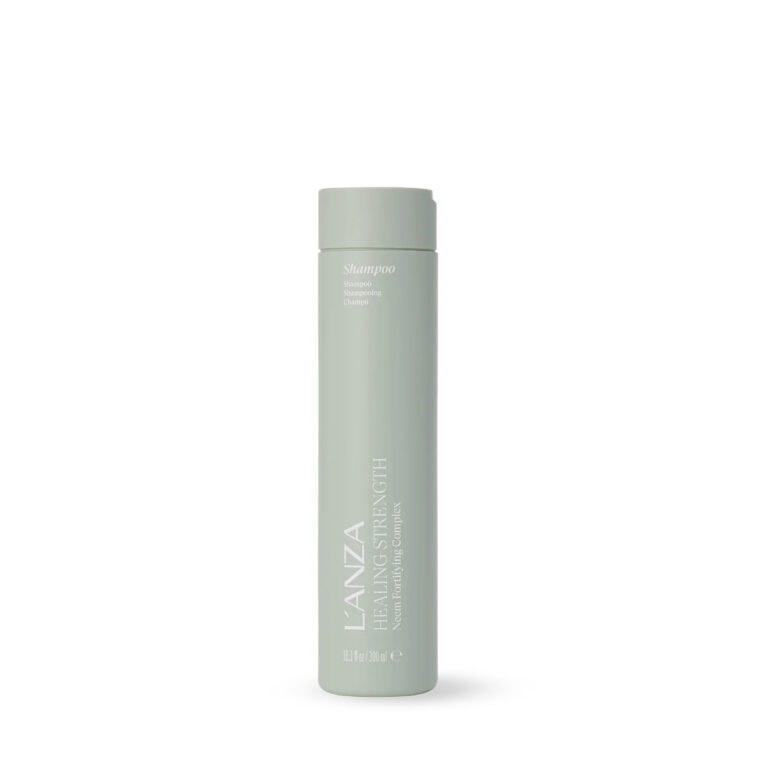 Tall mint-green shampoo bottle standing upright on a white background, labeled 'Shampoo' with LANZA branding and 'Hair Strength' text.