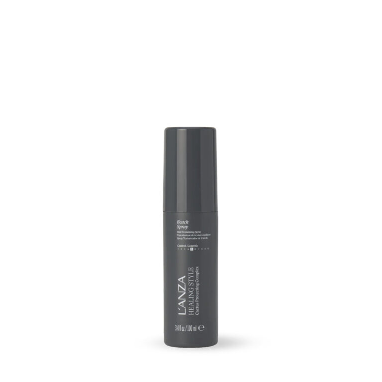 Dark gray spray bottle labeled Lánza Healing Hair Style Beach Spray on a white background.