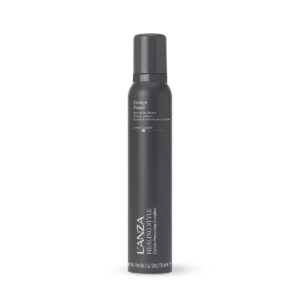 Dark gray cylindrical spray bottle with black cap, Lanza brand hair product for professional styling/finishing.
