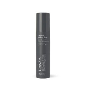 Dark gray cylindrical bottle with a matching cap, labeled Lanza Thermal Styling Spray—the heat-protectant hair styling product.