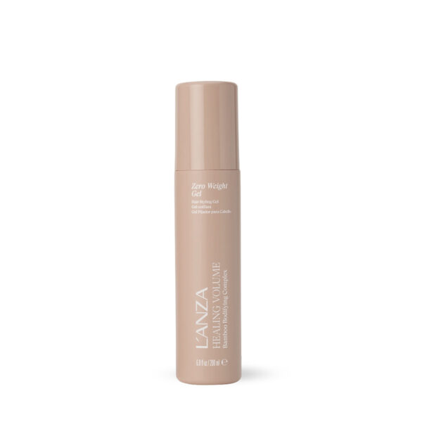 Pink cylindrical bottle of L’ANZA Handling Volume Gel with Zero Weight Gel, standing upright.