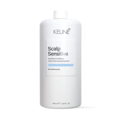 Keune Scalp Sensitive Soothing Conditioner bottle, white with label, 1000 ml, for sensitive scalps.