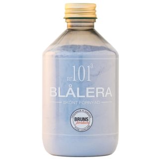 Blue-tinted plastic bottle with a gold cap, label shows 'BLÅLERA' and 'BRUNS products' at the bottom.