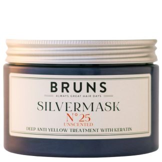 Dark blue jar of BRUNS Silvermask No.25 Unscented, a deep anti-yellow hair treatment with keratin, shown with its white label