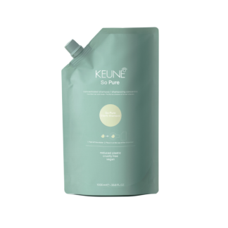 Keune So Pure concentrated shampoo refill pouch in teal packaging with white logo on front.